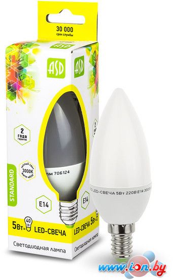 Светодиодная лампа ASD LED-Свеча-standard E14 5 Вт 3000 К [4690612002200] в Гомеле