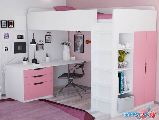 Кровать-чердак Polini Kids Simple с письменным столом и шкафом (белый/розовый) в Бресте