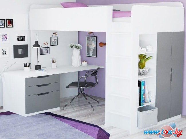 Кровать-чердак Polini Kids Simple с письменным столом и шкафом (белый/серый) в Гомеле