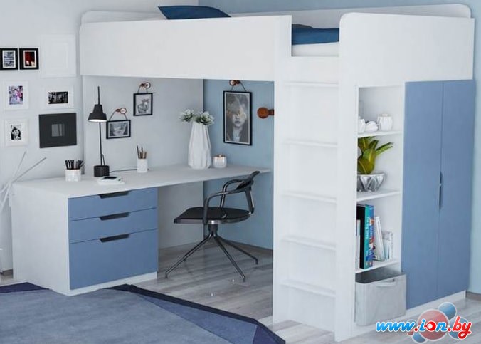 Кровать-чердак Polini Kids Simple с письменным столом и шкафом (белый/синий) в Витебске