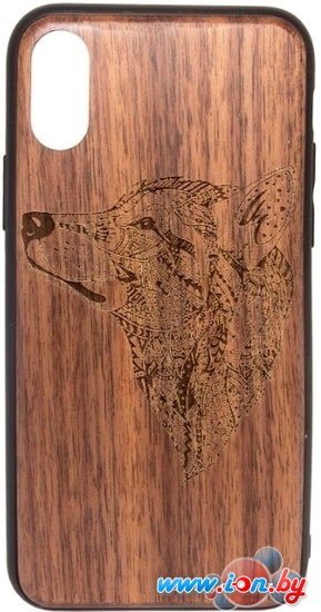 Чехол Case Wood для Apple iPhone X (грецкий орех, волк I) в Могилёве