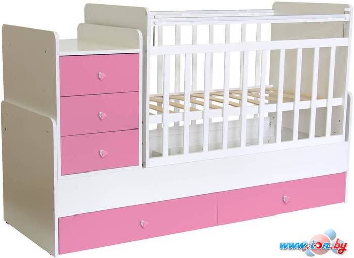 Кроватка-трансформер Polini Kids Simple 1111 с комодом (белый/розовый) в Бресте