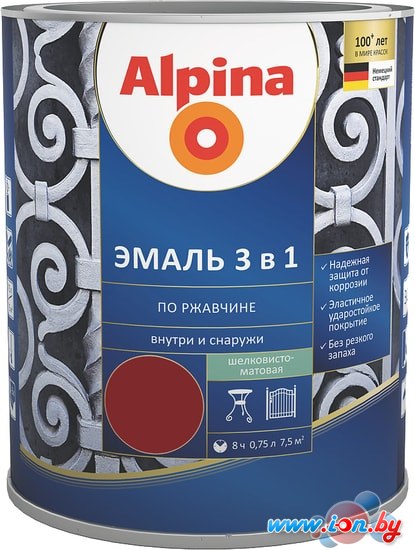 Эмаль Alpina Эмаль 3 в 1 по ржавчине (красно-корич., шелковисто-мат., 0.75 л) в Витебске