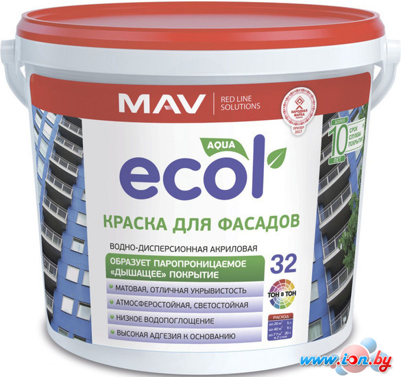 Краска Ecol 32 ВД-АК-1032 фасадная 3 л (белый) в Могилёве