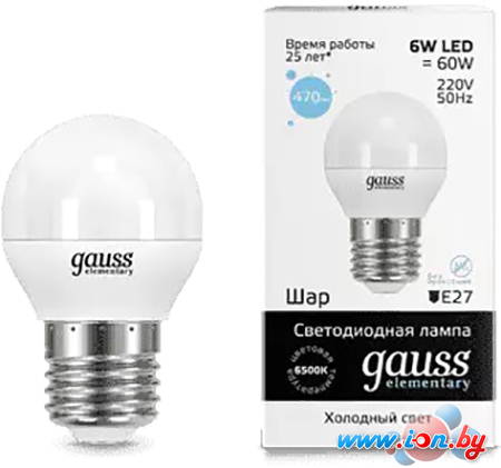 Светодиодная лампочка Gauss Elementary Globe 6W E27 6500K 53236 в Бресте