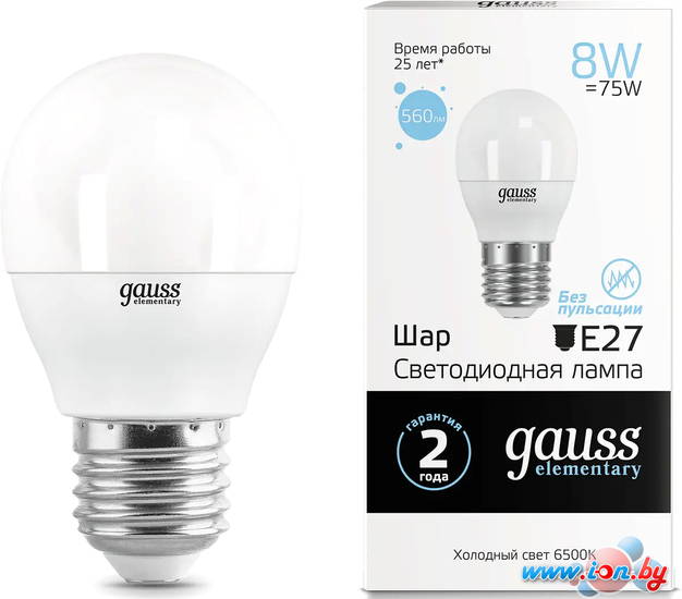 Светодиодная лампочка Gauss Elementary 8W 560lm 6500K Е27 53238 в Гродно