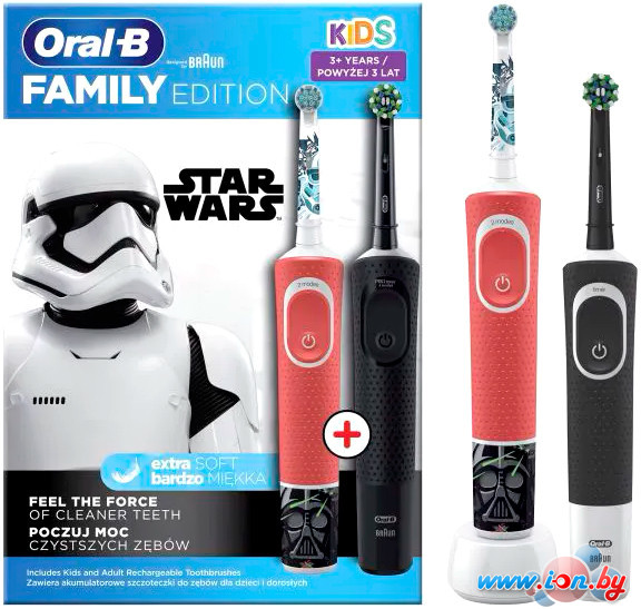 Комплект зубных щеток Oral-B Vitality Pro Cross Action + Vitality D100 Kids Star Wars (2 шт, черный/красный) в Гомеле