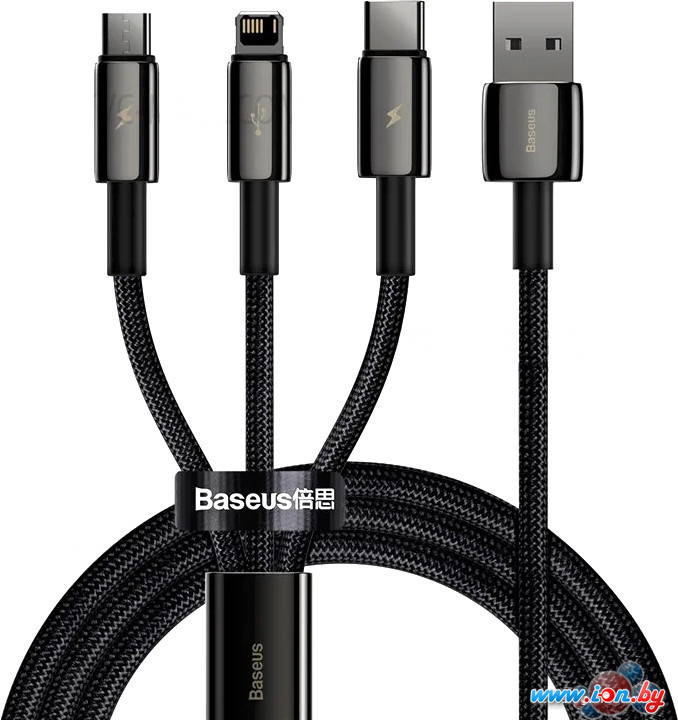 Кабель Baseus Tungsten Gold One-for-three USB Type-A - Lightning/USB Type-C/microUSB (1.5 м, черный) в Могилёве